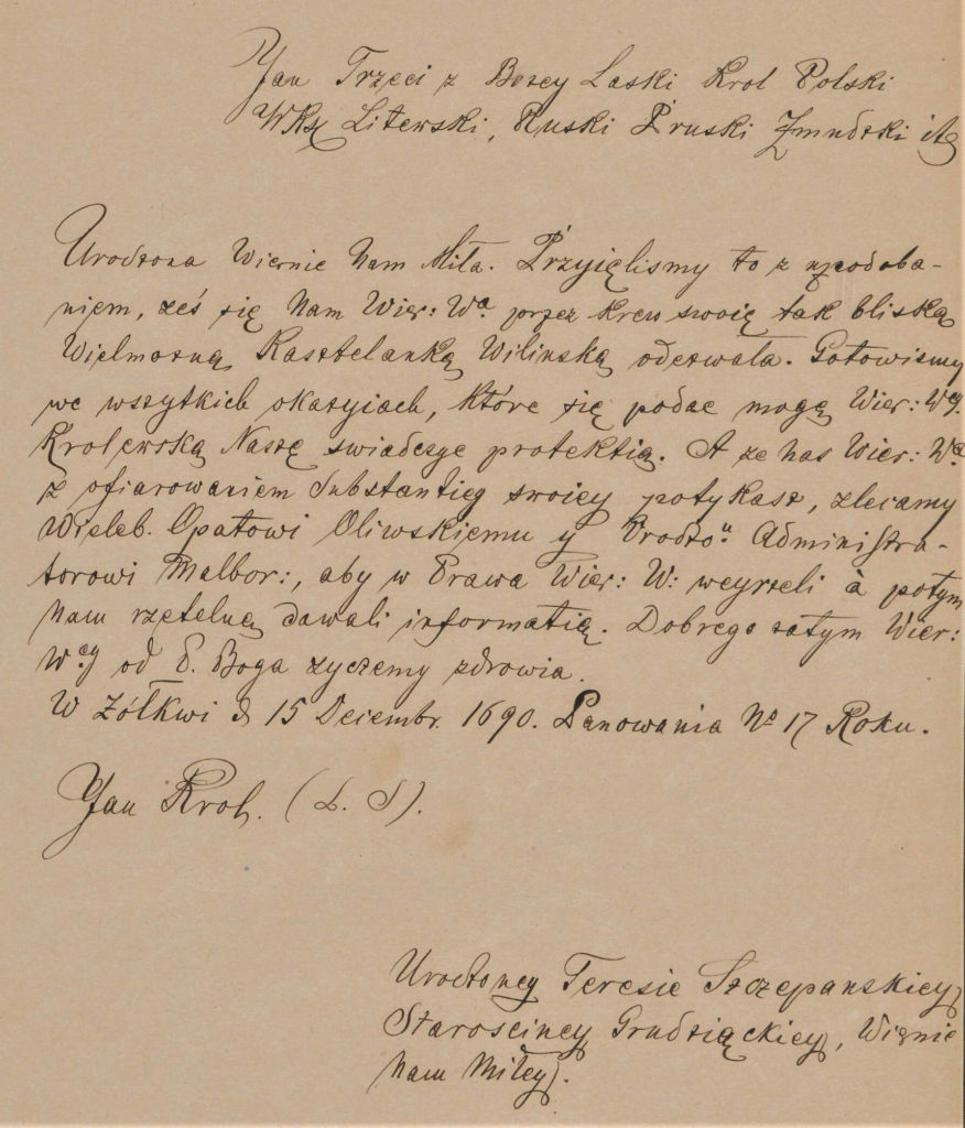Jan III Sobieski list do Starościny Grudziądzkiej 1690 roku