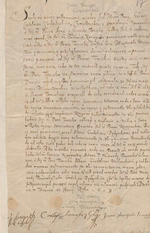 Umowa dzierżawna Wieruszewa rodzeństwa Konopackich 1603 rok