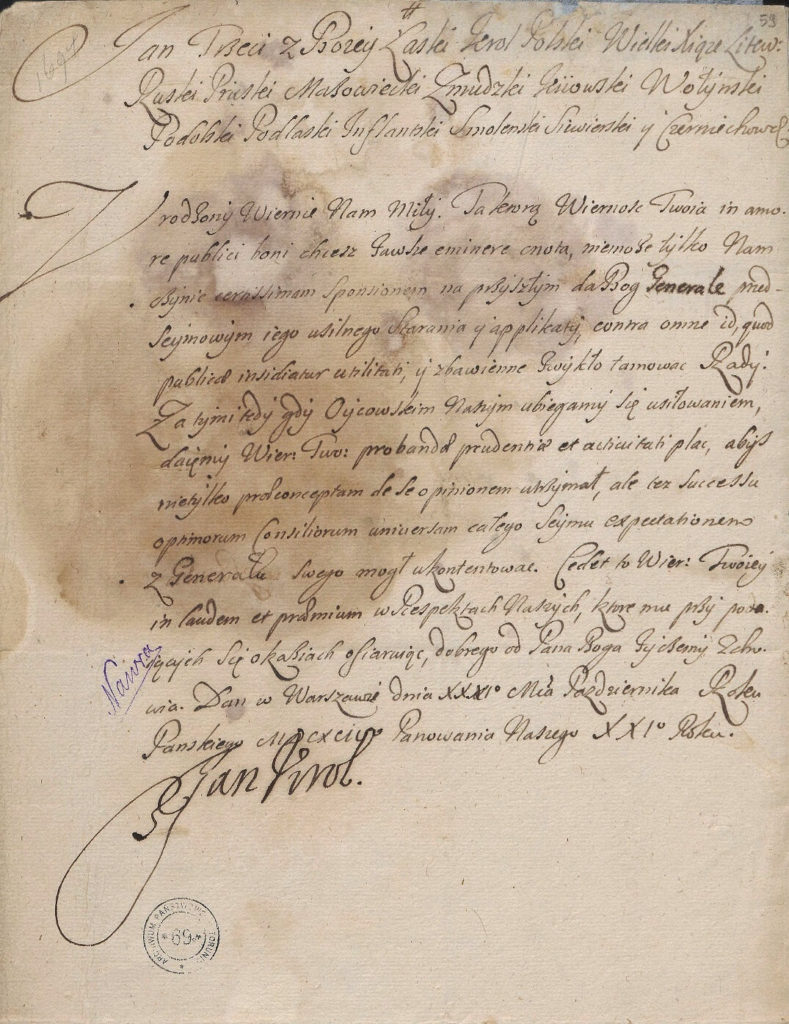List Jana III Sobieskiego do Podkomorzego Pomorskiego 1694