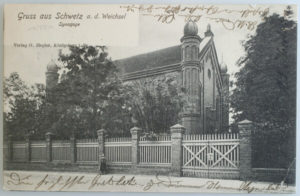 Pocztówka od Huldy Jacobsohn do Ericha Hirschberga (1893–1918) z widokiem na nową synagogę w Schwetz Pocztówka od Huldy Jacobsohn do Ericha Hirschberga (1893–1918) z widokiem na nową synagogę w Schwetz
