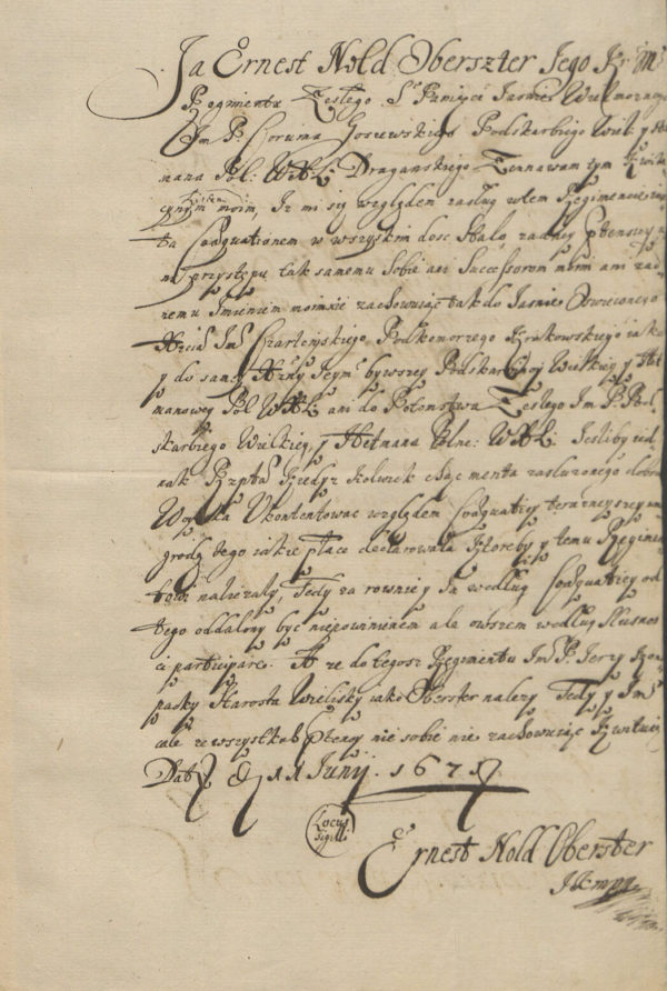 Oberszter JKM Ernest Nold kwituje Konopackiego 1678 roku