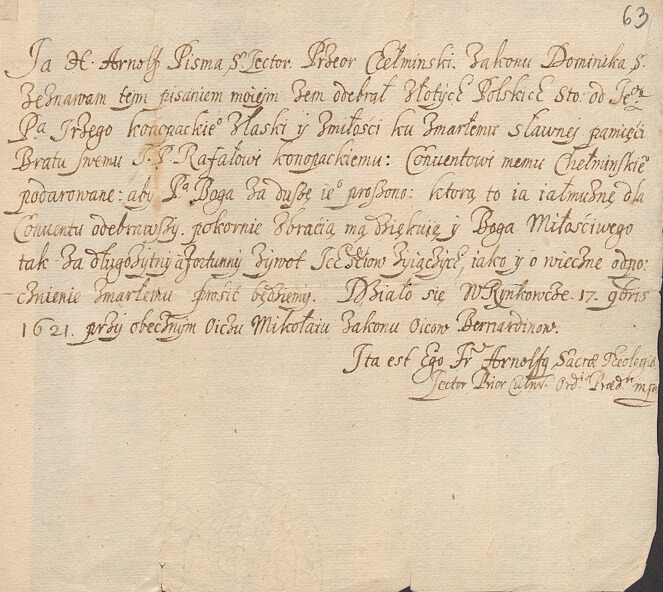 Pokwitowanie Datku dla Dominikanów Chełmińskich 1621 rok