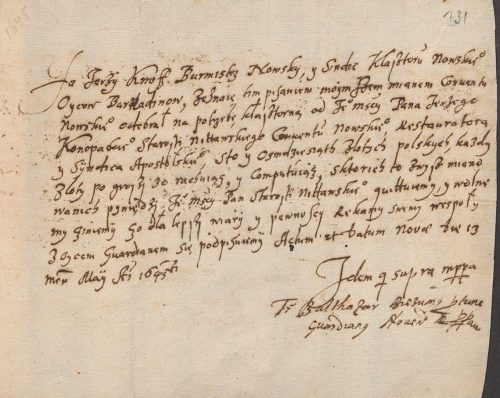 Pokwitowanie darowizny dla Bernardynów Nowskich 1645 roku
