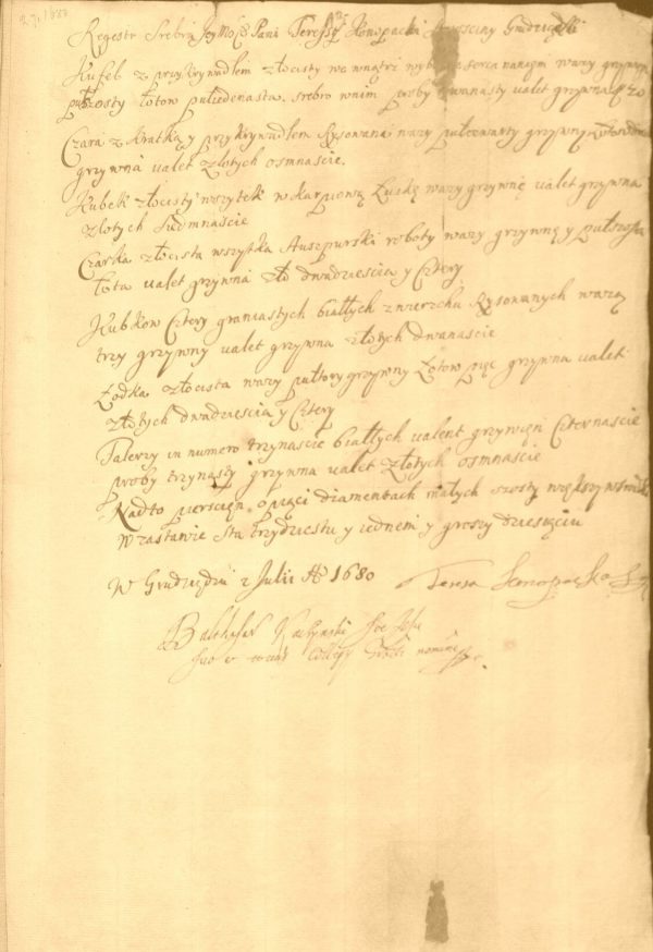 Rejestr zastawny sreber Teresy Szczepańskiej 1680 roku
