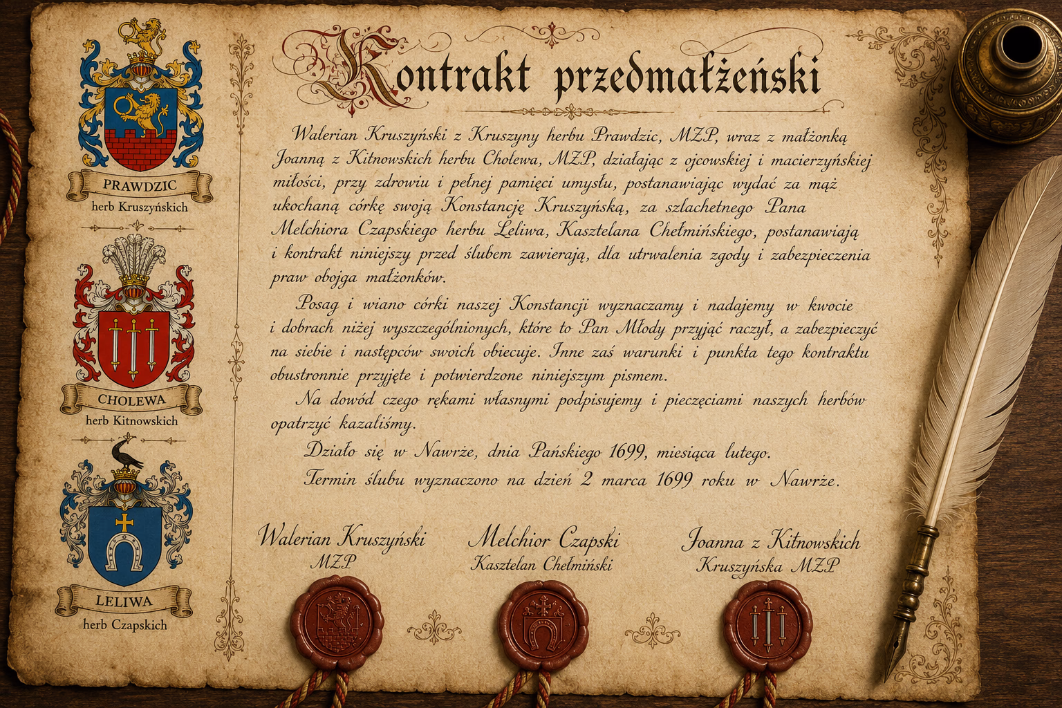 Kontrakt przedmałżeński Kruszyńskich z Czapskimi 1699 roku 