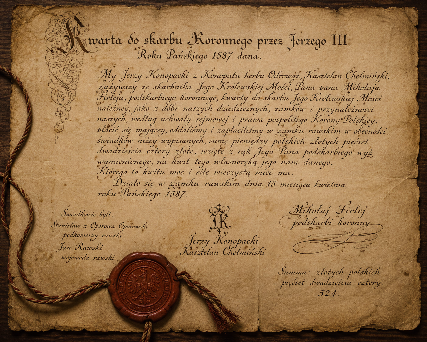 Kwarta do skarbu koronnego przez Jerzego III w 1587 dana