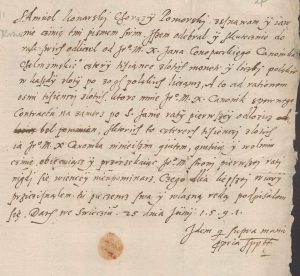 Samuel Konarski kwituje Jana z Konopatu z kwoty 4 tyś. złotych  25.VI.1591 roku 