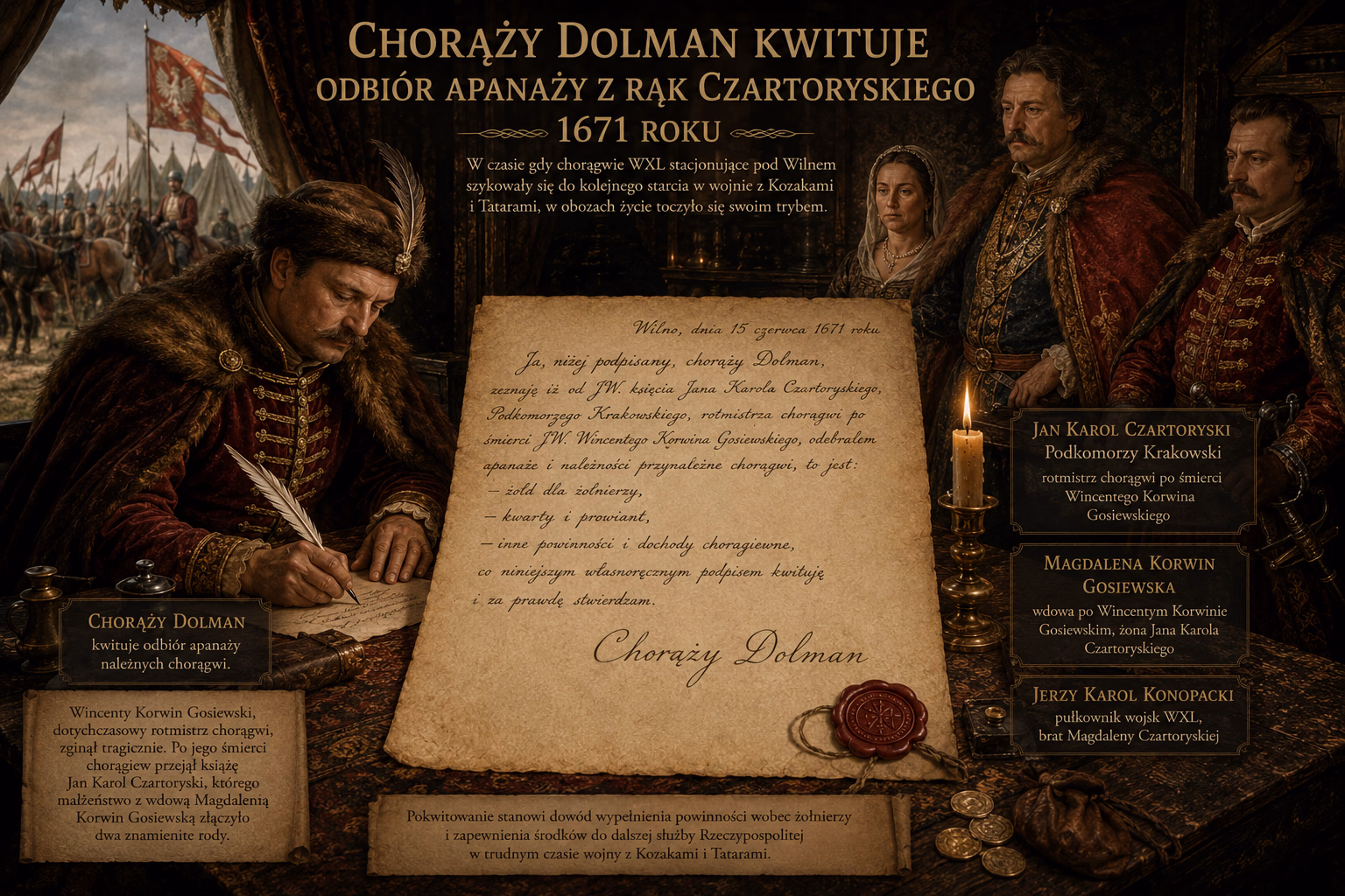 Chorąży Dolman kwituje odbiór apanaży z rąk Czartoryskiego 1671 roku