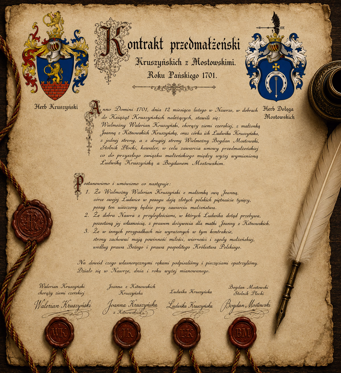Kontrakt przedmałżeński Kruszyńskich z Mostowskimi 1701 rok