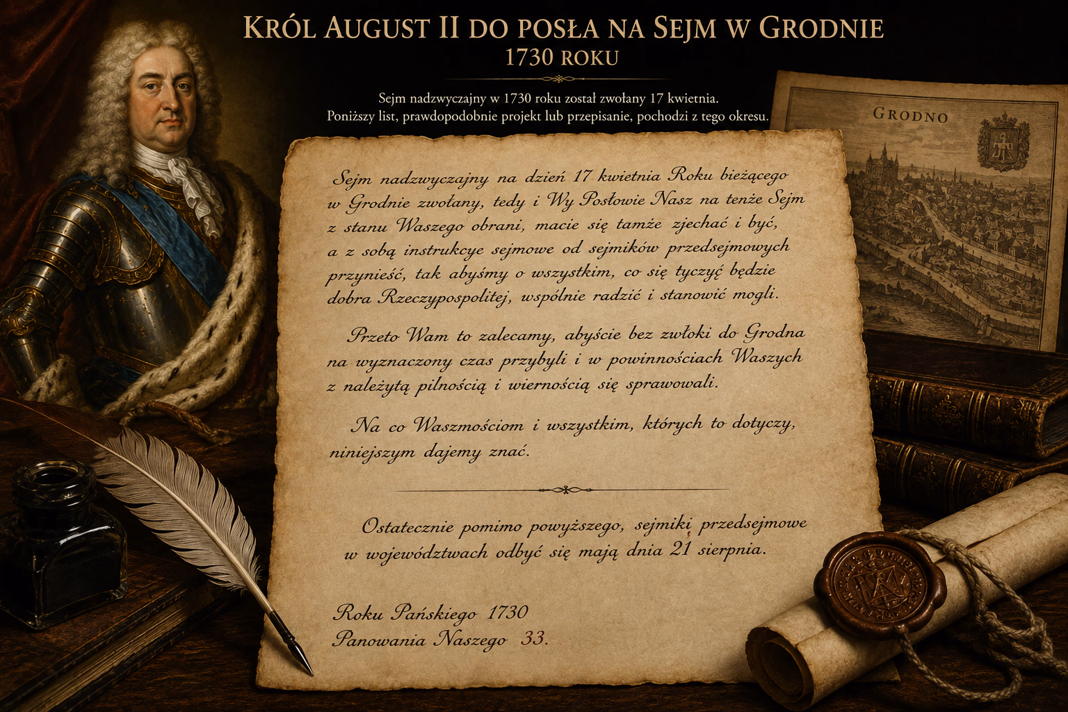 Król August II do posła na sejm w Grodnie 1730 roku