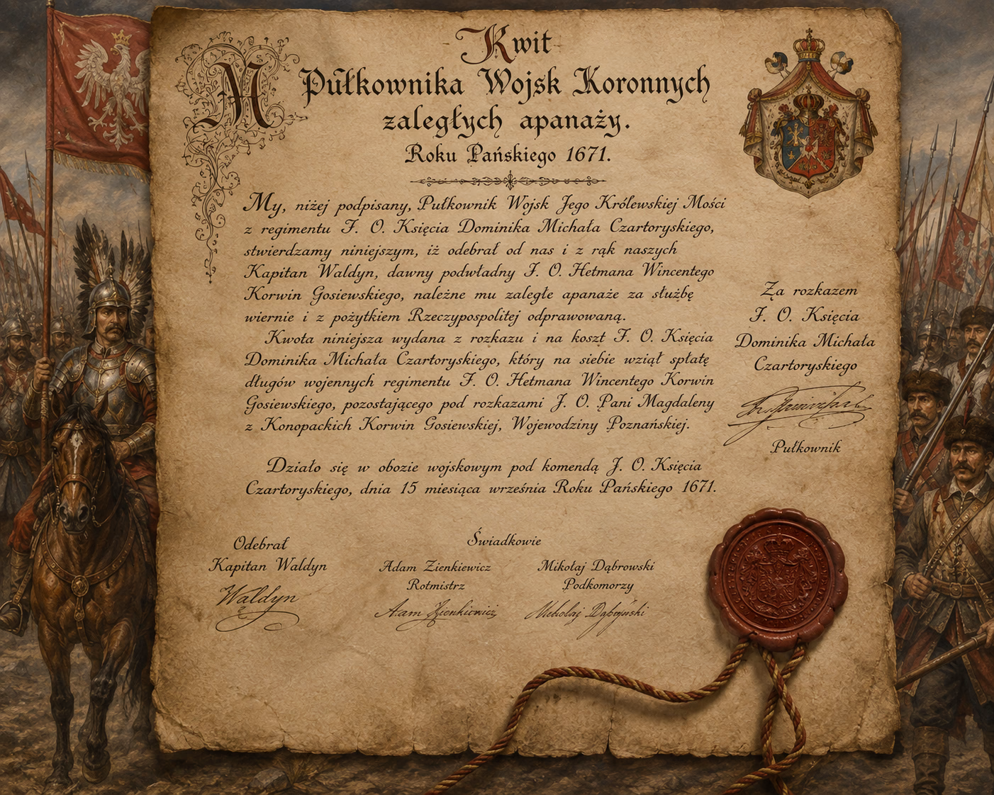 Kwit Pułkownika Wojsk Koronnych zaległych apanaży 1671 rok 1 Kwit Pułkownika Wojsk Koronnych zaległych apanaży 1671 rok