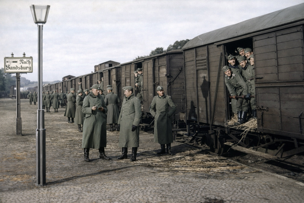 Stacja kolejowa Terzelwald w 1942 roku - na zdjeciu żołnierze wermachtu